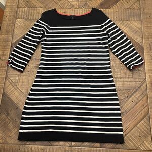 Talbots Black & White Striped Long Sleeve Boatneck Dress with Red Trim
